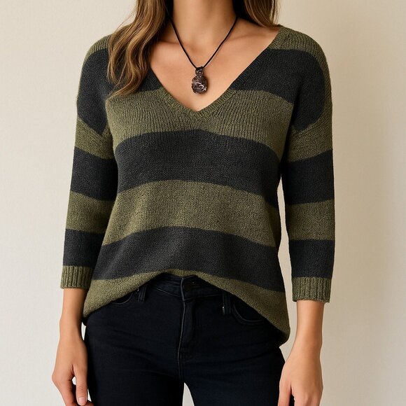 Womens XS Olive Black Striped Sweater Grungecore Knit Slouchy V-Neck Fall Top - Picture 1 of 15